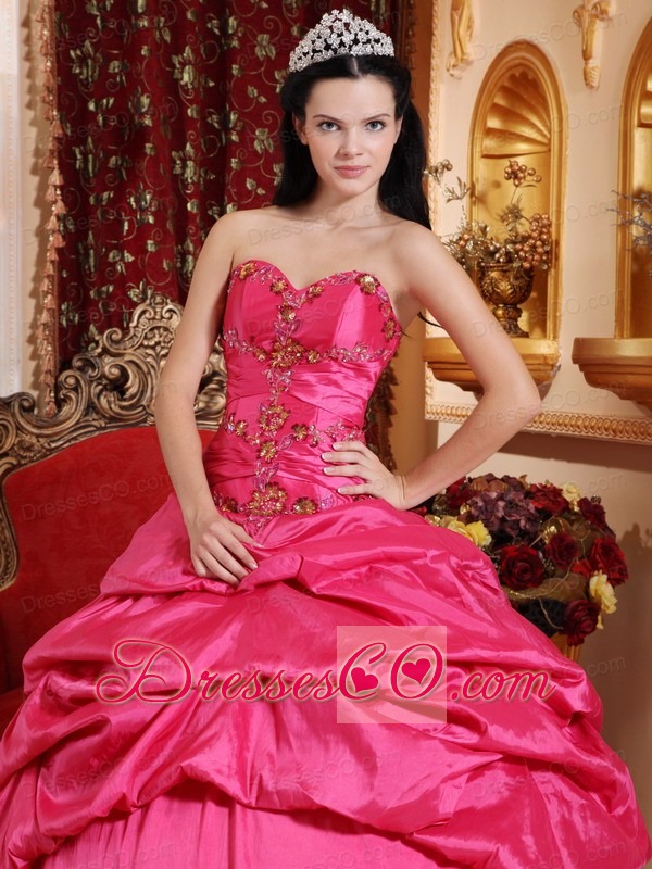 Hot Pink Ball Gown Long Taffeta Appliques Quinceanera Dress