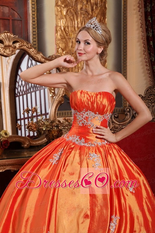 Orange Red Ball Gown Strapless Long Taffeta Appliques Quinceanera Dress