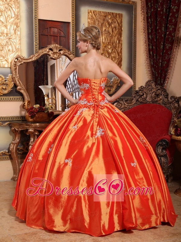 Orange Red Ball Gown Strapless Long Taffeta Appliques Quinceanera Dress