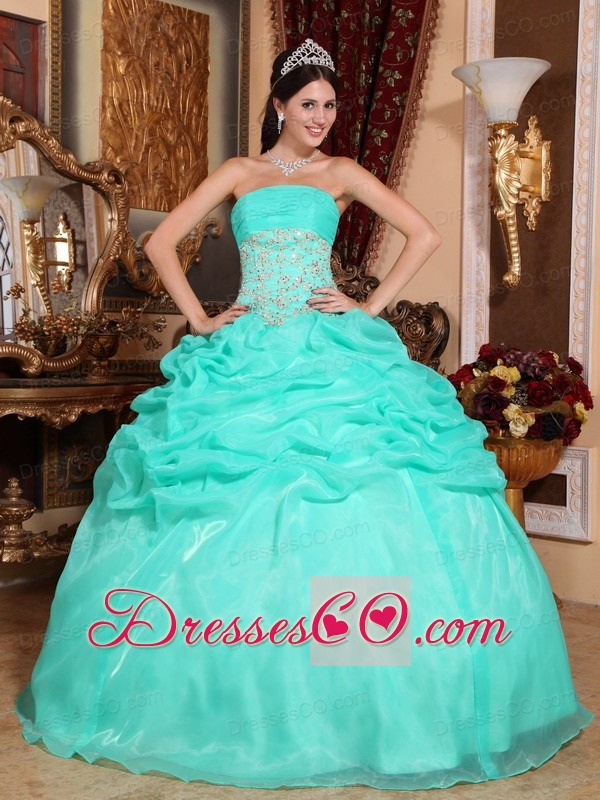 Turquoise Ball Gown Strapless Long Organza Appliques Quinceanera Dress