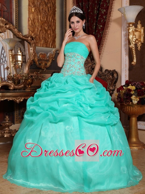 Turquoise Ball Gown Strapless Long Organza Appliques Quinceanera Dress