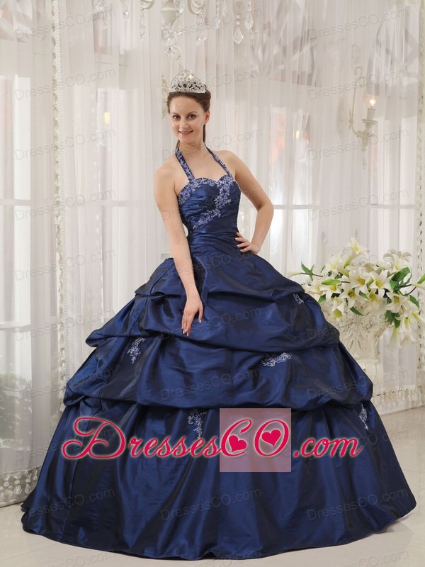 Navy Blue Ball Gown Halter Long Taffeta Appliques Quinceanera Dress