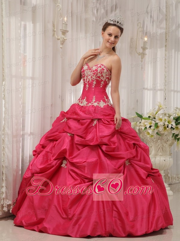 Coral Red Ball Gown Long Taffeta Appliques Quinceanera Dress