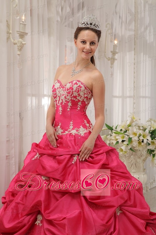 Coral Red Ball Gown Long Taffeta Appliques Quinceanera Dress
