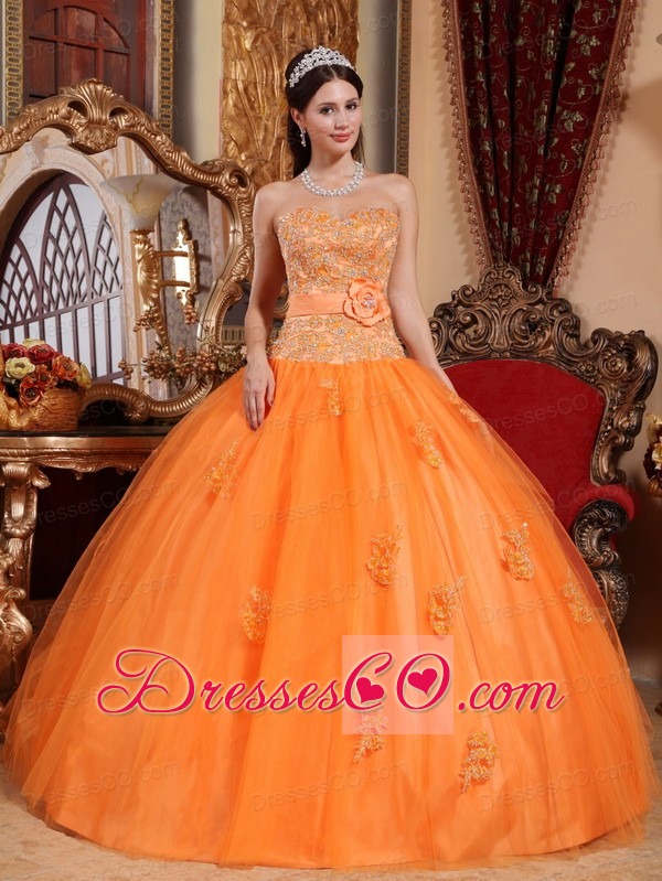 Orange Ball Gown Long Tulle Appliques Quinceanera Dress