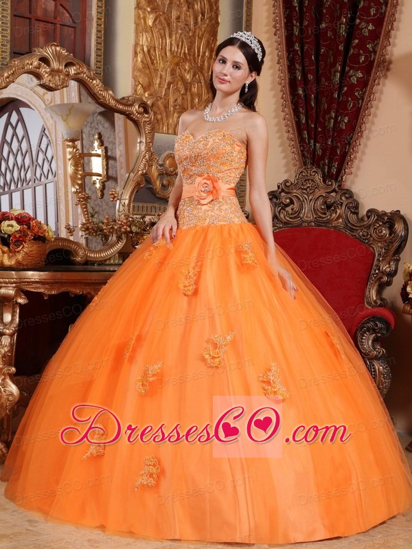 Orange Ball Gown Long Tulle Appliques Quinceanera Dress