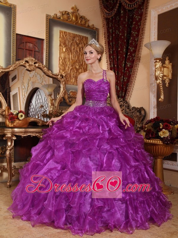 Purple Ball Gown One Shoulder Long Organza Beading Quinceanera Dress