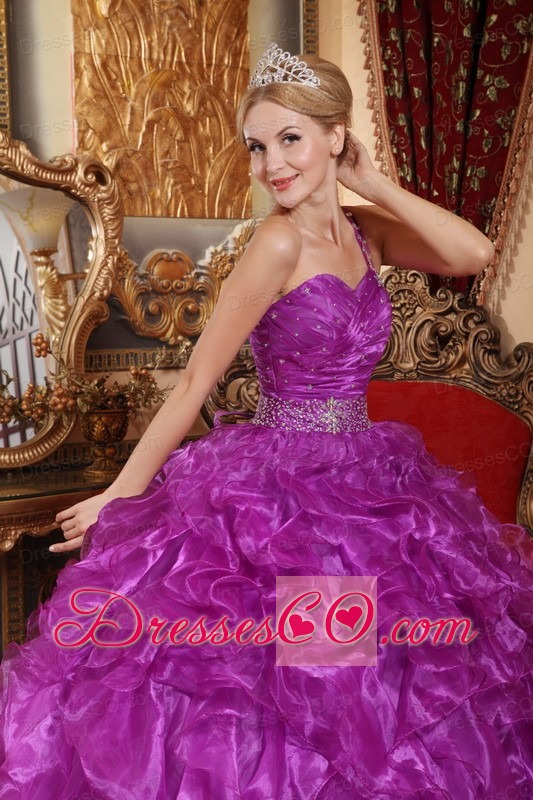 Purple Ball Gown One Shoulder Long Organza Beading Quinceanera Dress