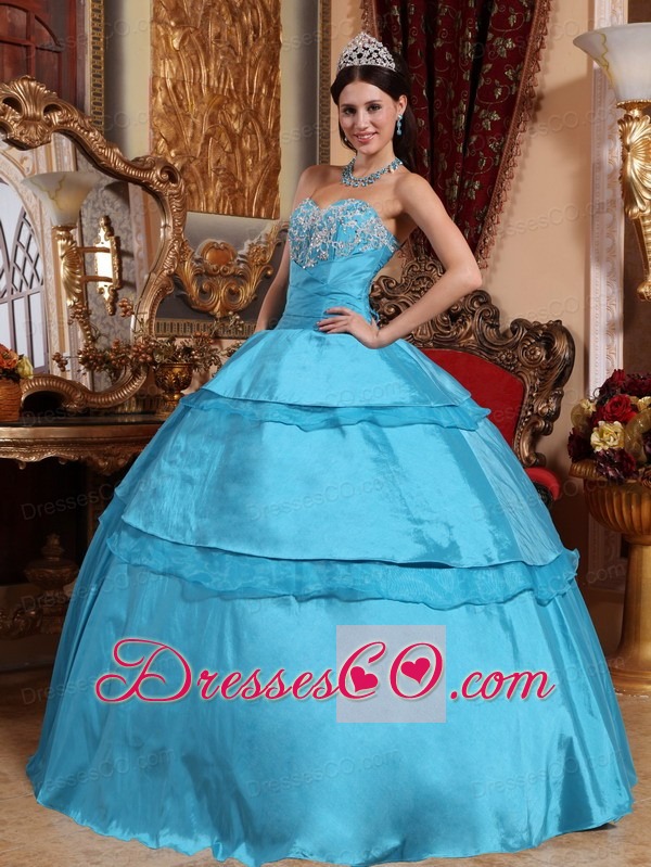 Aqua Blue Ball Gown Long Taffeta Appliques Quinceanera Dress