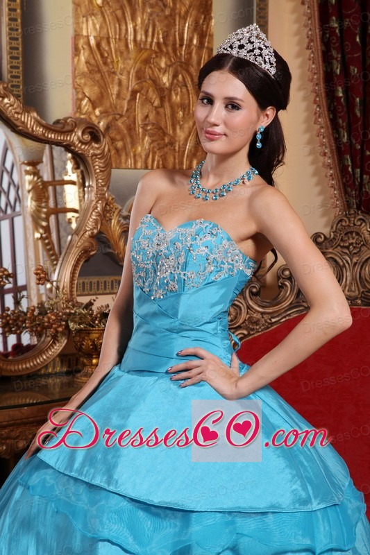 Aqua Blue Ball Gown Long Taffeta Appliques Quinceanera Dress