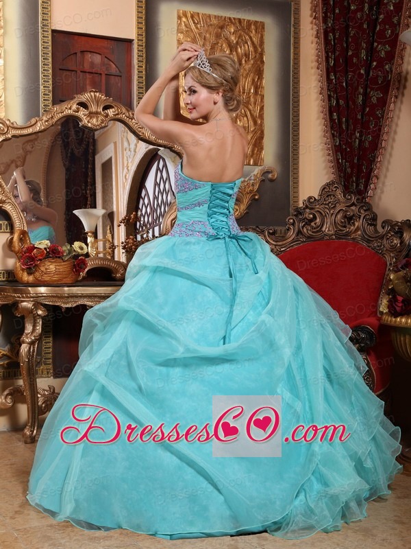 Baby Blue Ball Gown Long Organza Appliques And Ruching Quinceanera Dress