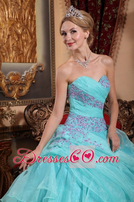 Baby Blue Ball Gown Long Organza Appliques And Ruching Quinceanera Dress