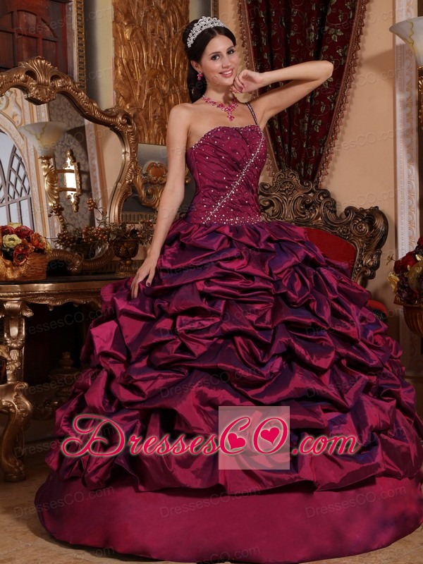 Burgundy Ball Gown One Shoulder Long Taffeta Pick-ups Quinceanera Dress