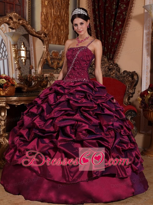 Burgundy Ball Gown One Shoulder Long Taffeta Pick-ups Quinceanera Dress