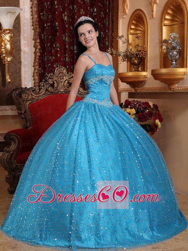 Blue Ball Gown Spaghetti Straps Long Sequined Beading Quinceanera Dress