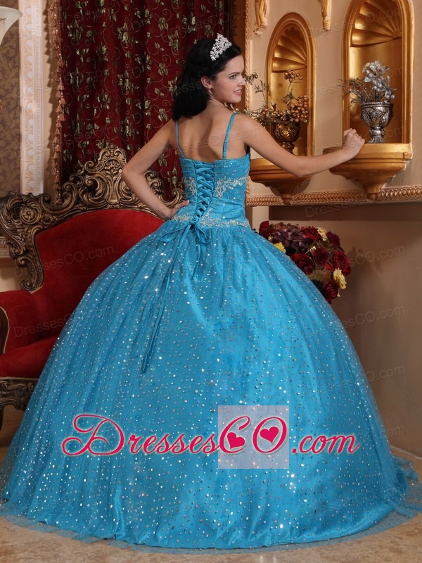 Blue Ball Gown Spaghetti Straps Long Sequined Beading Quinceanera Dress