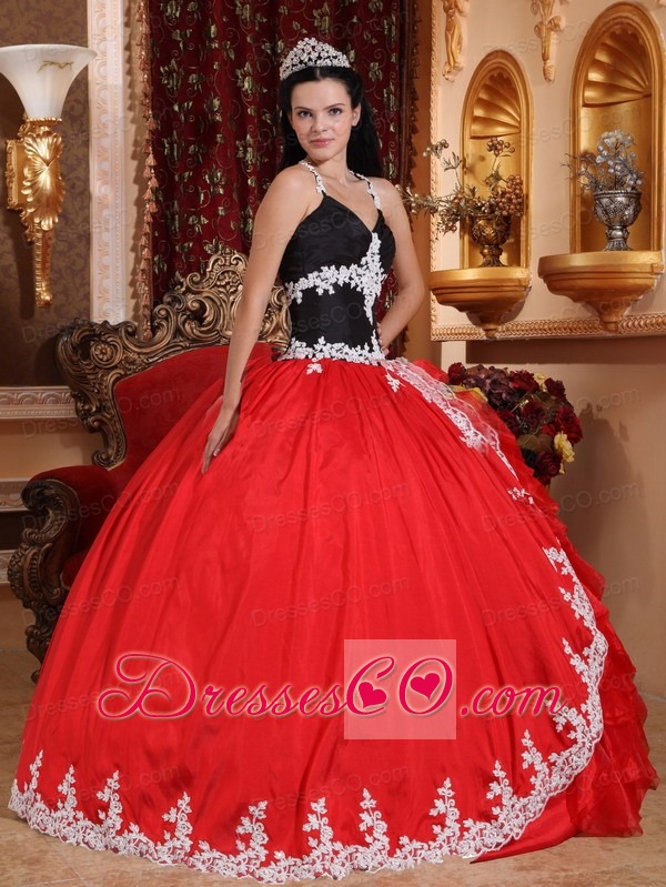 Red And Black Ball Gown Halter Long Taffeta And Organza Appliques Quinceanera Dress