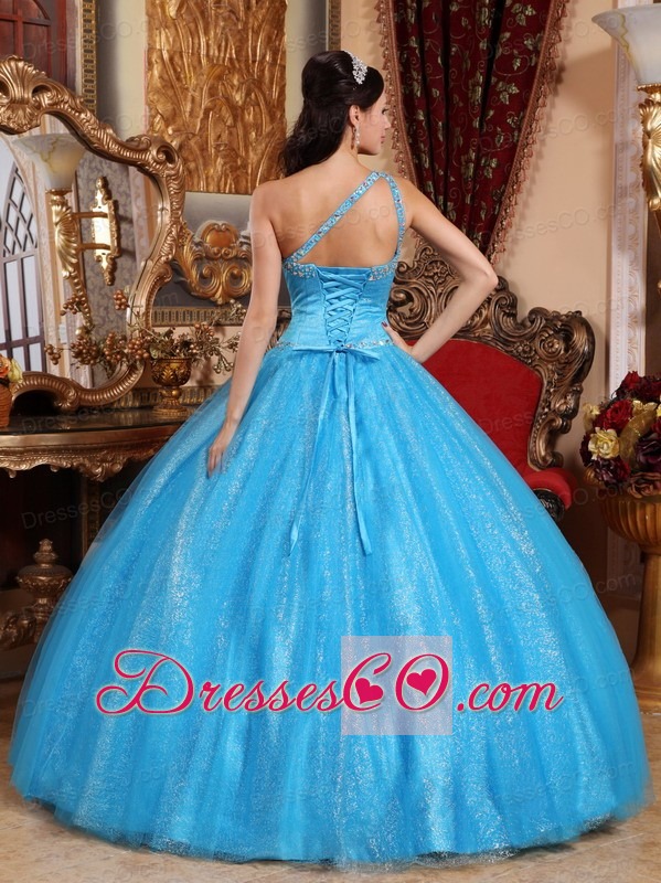 Teal Ball Gown One Shoulder Long Tulle And Taffeta Beading Quinceanera Dress