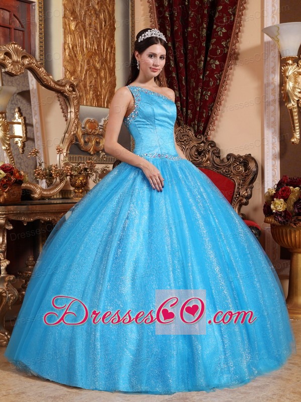 Teal Ball Gown One Shoulder Long Tulle And Taffeta Beading Quinceanera Dress