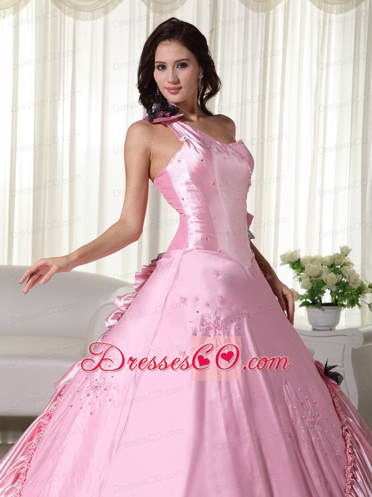 Baby Pink Ball Gown One Shoulder Long Taffeta Beading Quinceanera Dress