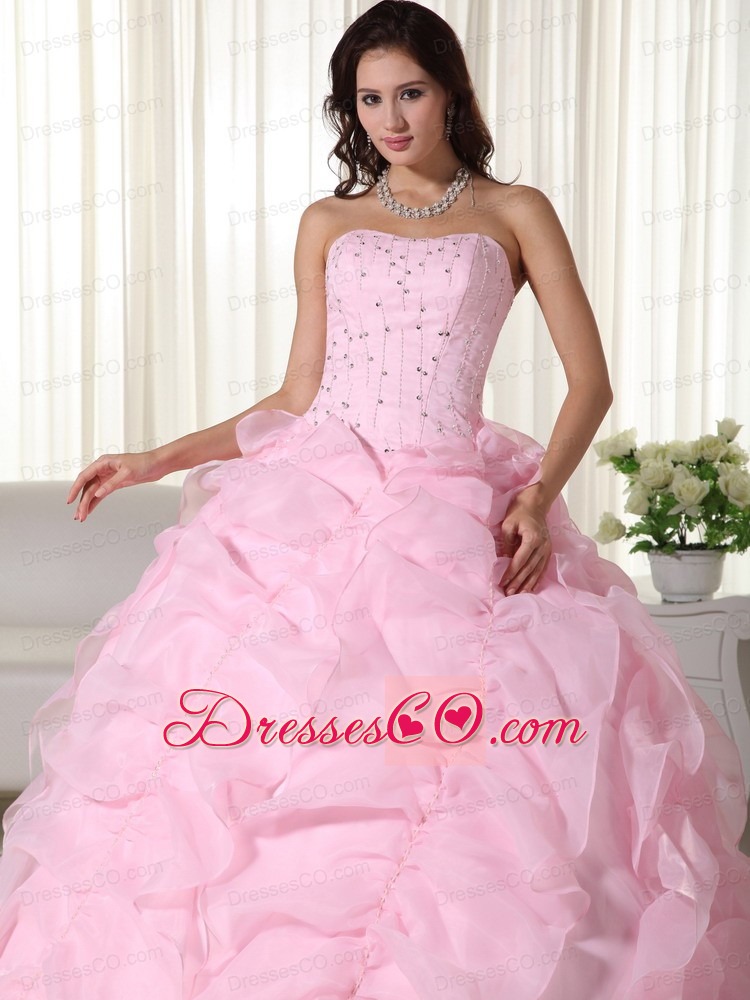 Pink Ball Gown Strapless Long Organza Beading Quinceanera Dress
