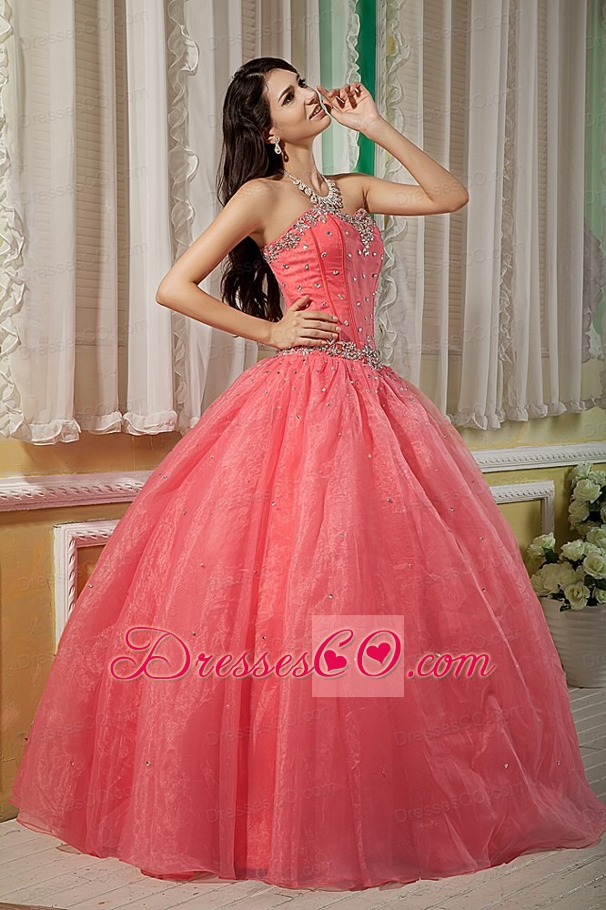 Watermelon Ball Gown Long Organza Beading Quinceanera Dress
