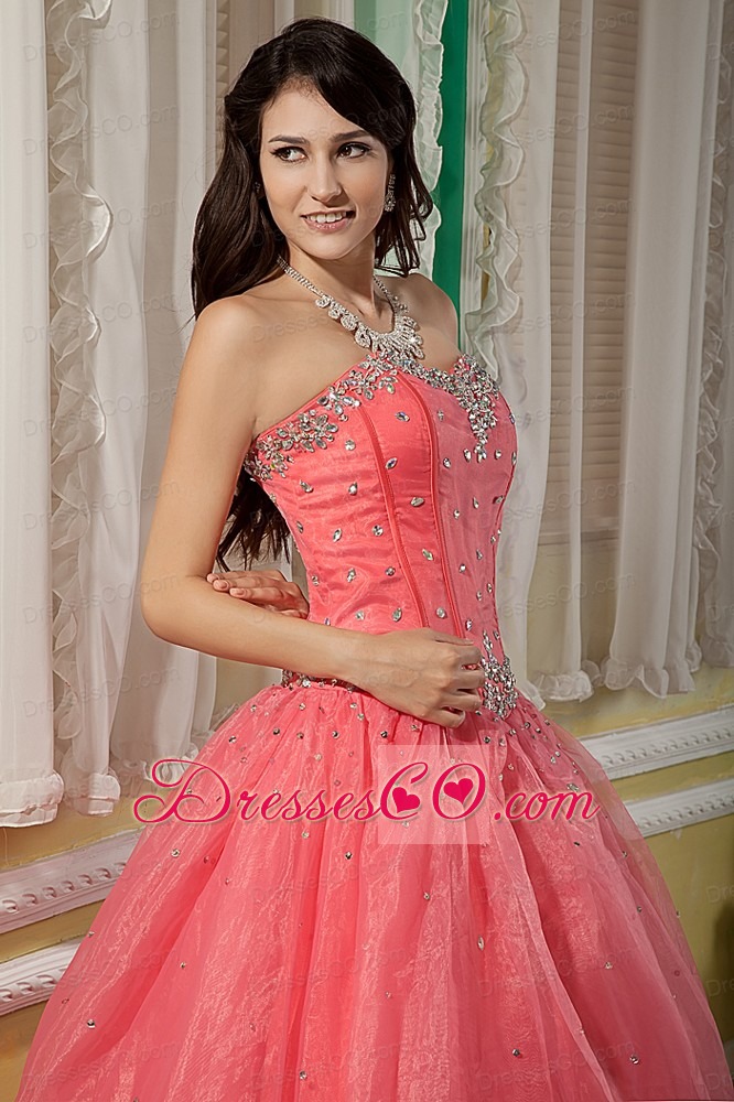 Watermelon Ball Gown Long Organza Beading Quinceanera Dress