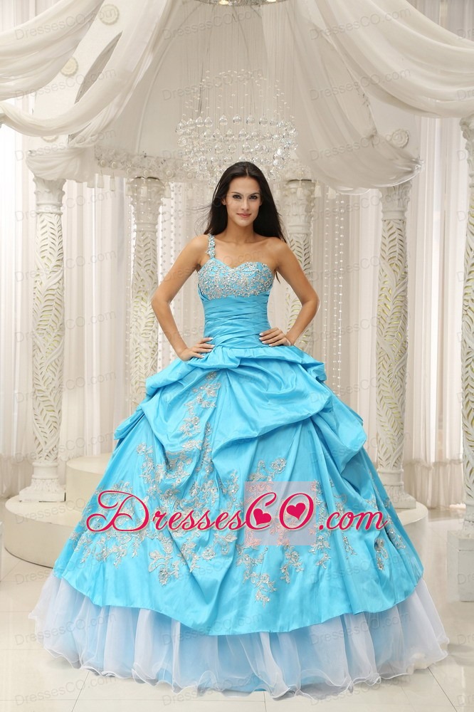 Aqua One Shoulder Embroidery Decorate Quinceanera Dress With Organza