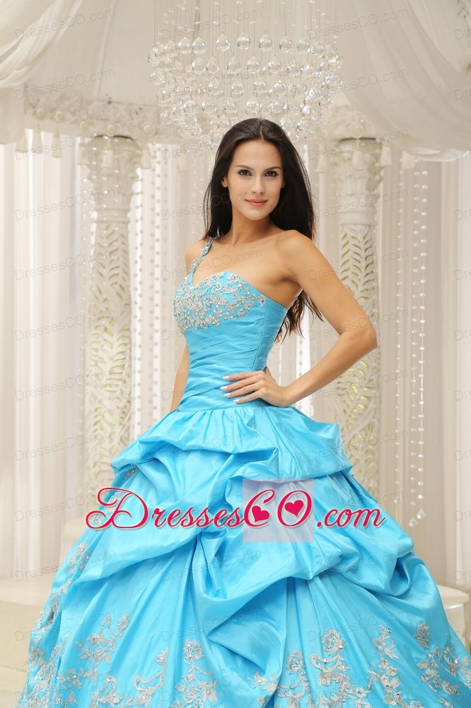 Aqua One Shoulder Embroidery Decorate Quinceanera Dress With Organza