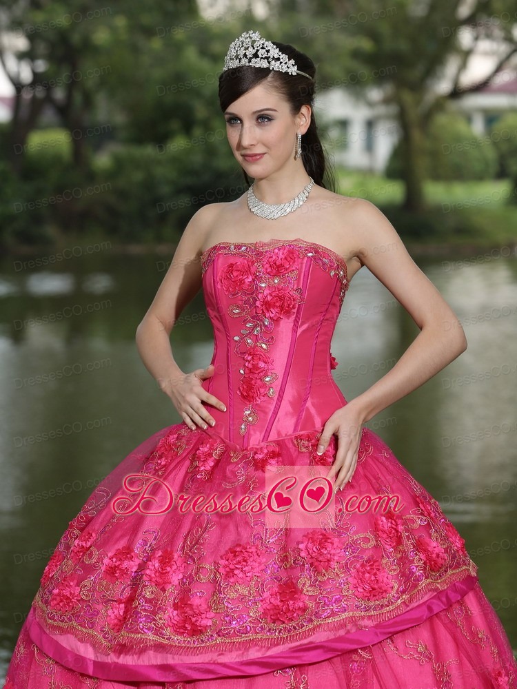 Hand Made Flowers And Beading Long Taffeta Modest Style For Quinceanera Dress
