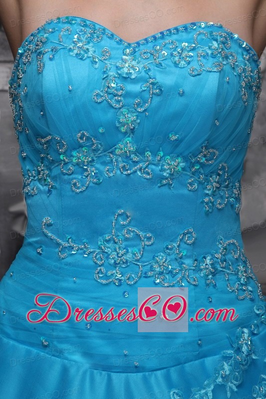 Baby Blue Ball Gown Long Taffeta And Tulle Beading And Appliques Quinceanera Dress