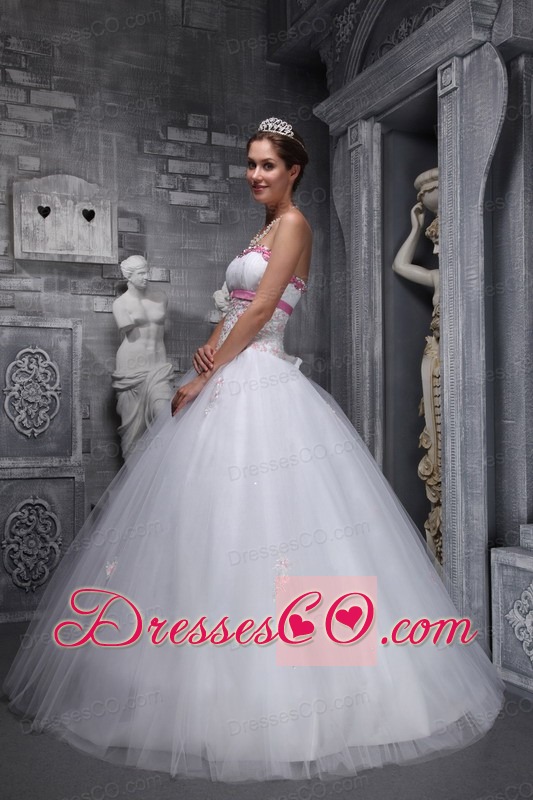 Elegant Ball Gown Strapless Long Taffeta And Tulle Beading And Appliques White Quinceanera Dress