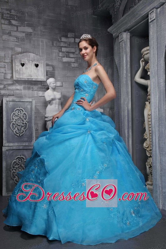 Beautiful Ball Gown Strapless Long Taffeta And Organza Appliques Baby Blue Quinceanera Dress