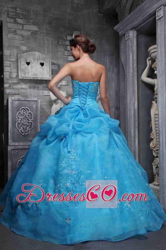 Beautiful Ball Gown Strapless Long Taffeta And Organza Appliques Baby Blue Quinceanera Dress