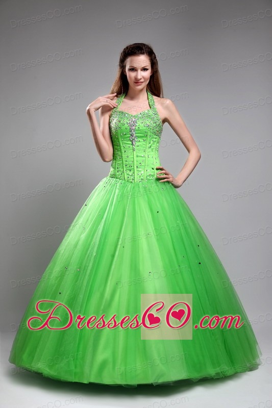 Green Ball Gown Halter Long Tulle Beading Quinceanera Dress