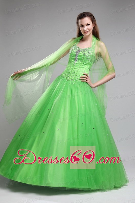 Green Ball Gown Halter Long Tulle Beading Quinceanera Dress