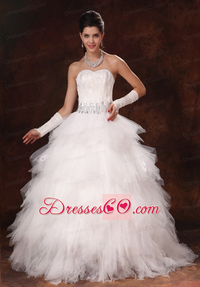 Feather Beaded Decorate Waist Tulle Gorgeous Custom Made Wedding Dress