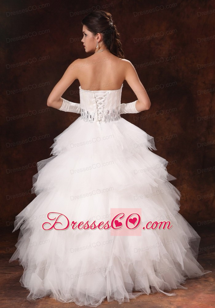 Feather Beaded Decorate Waist Tulle Gorgeous Custom Made Wedding Dress