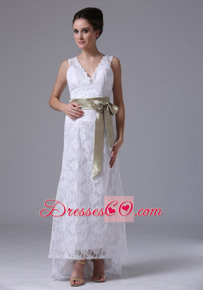 High-low V-Neck Lace Stylish Customize Wedding Dress With Sashes/Ribbons