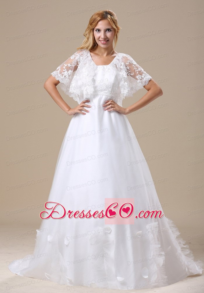 V-neck Custom Made Lace For Wedding Dress Short Sleeves Brush Train