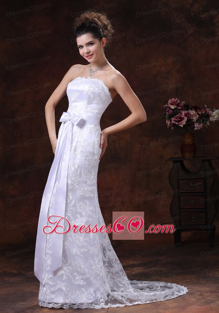 Lace Over Shirt Strapless Column Wedding Dress With Sash