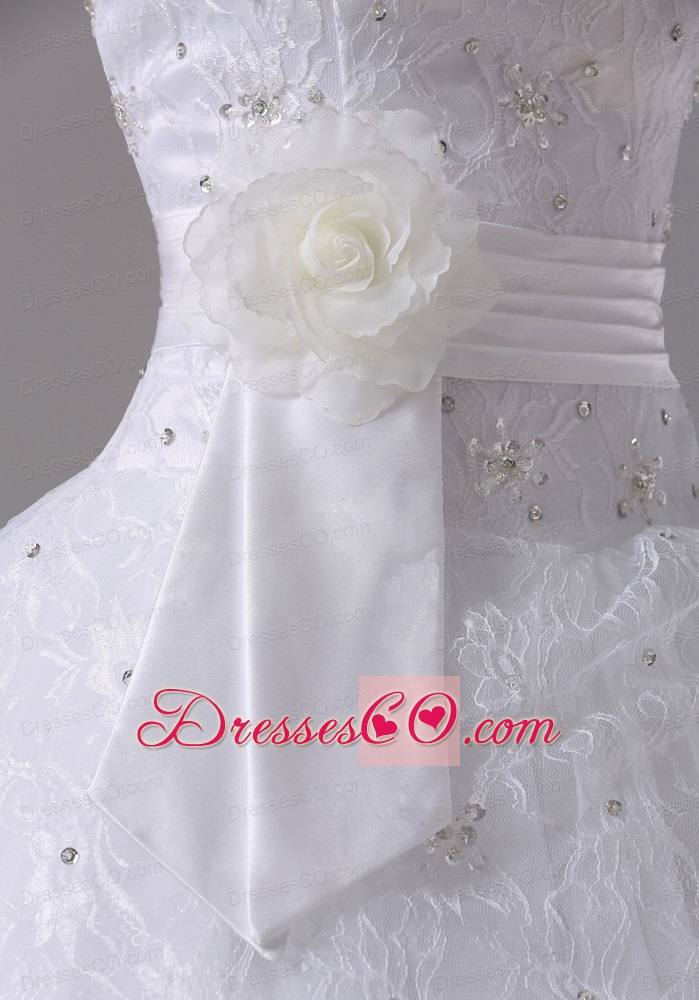 A-line Wedding Dress With Hand Made Flowers and Lace Bodice