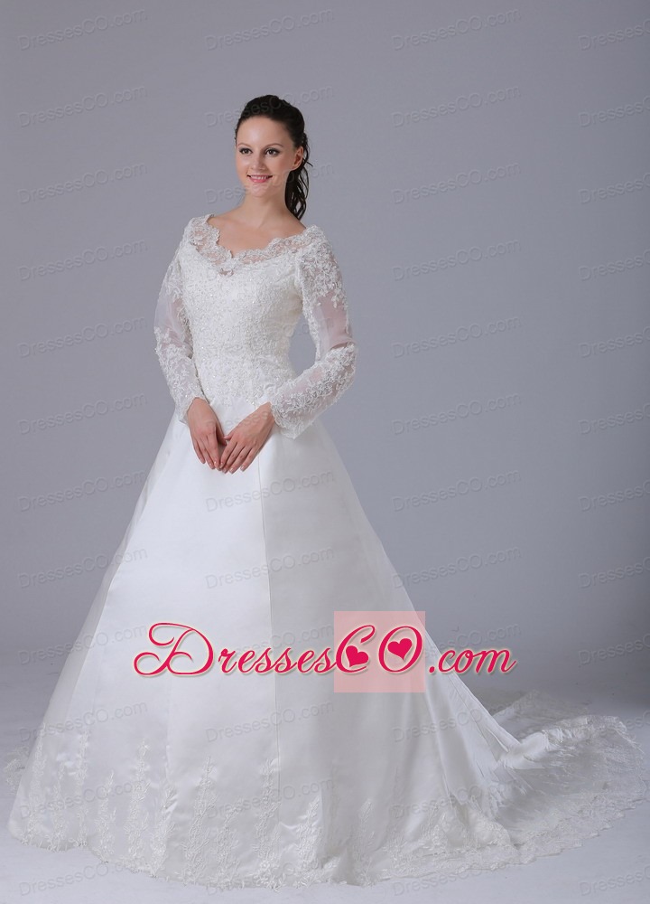 A-line V-neck Long Sleeves Lace Decorate Wedding Dress With Court Train