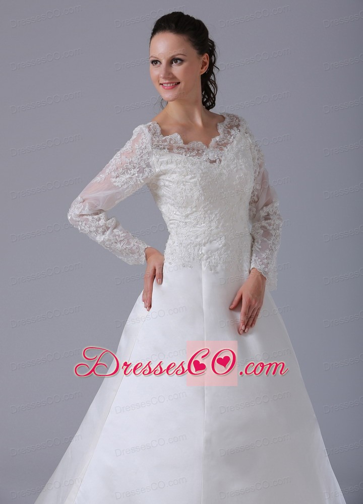 A-line V-neck Long Sleeves Lace Decorate Wedding Dress With Court Train
