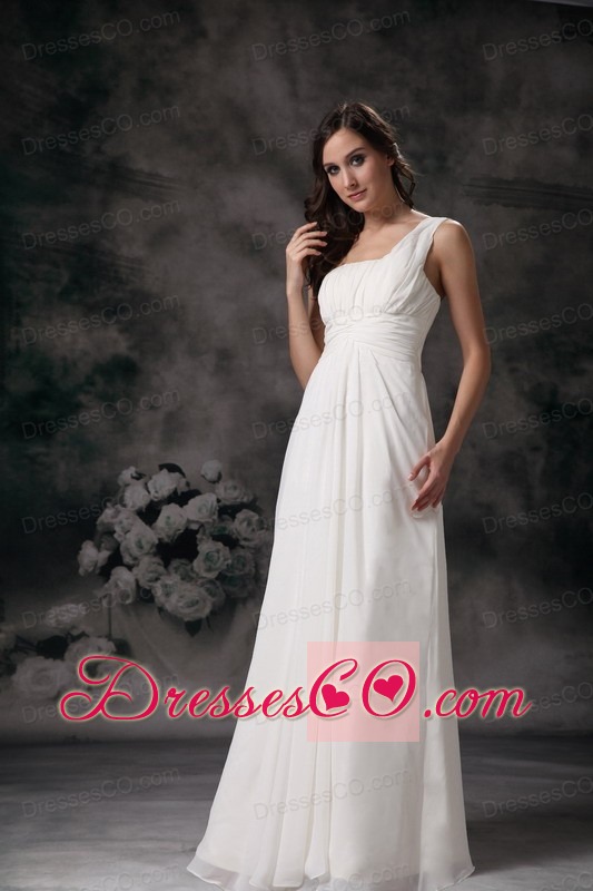 White Column / Sheath One Shoulder Long Chiffon Ruched Wedding Dress