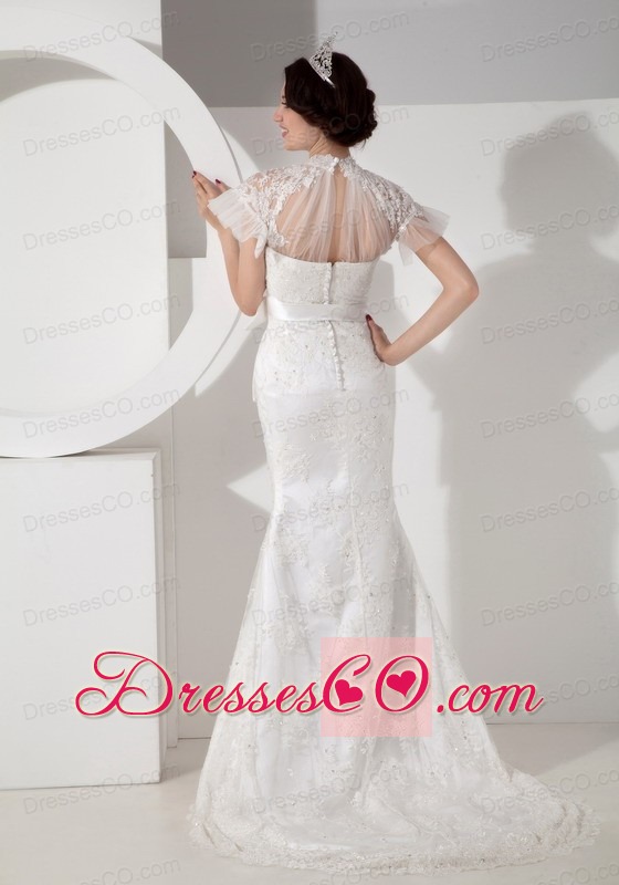 Fashionable Column High-neck Brush Train Satin Lace and Sash Wedding Dress