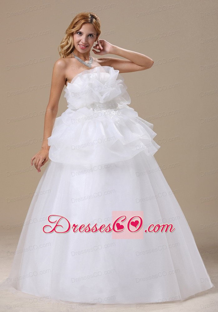 Appliques Decorate Bust Strapless Long Organza Exclusive Style Wedding Dress
