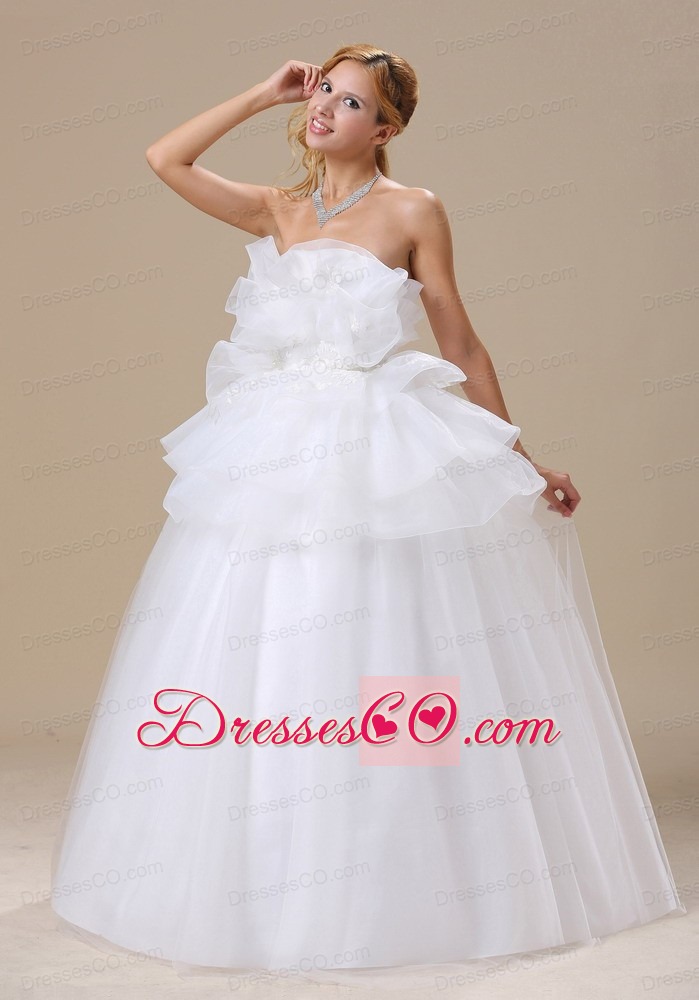 Appliques Decorate Bust Strapless Long Organza Exclusive Style Wedding Dress