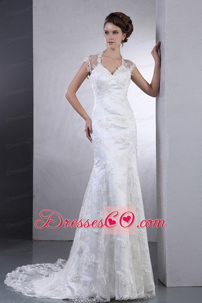 Luxurious Wedding Dress With V-neck Lace Brush Train Column Clasp Handle