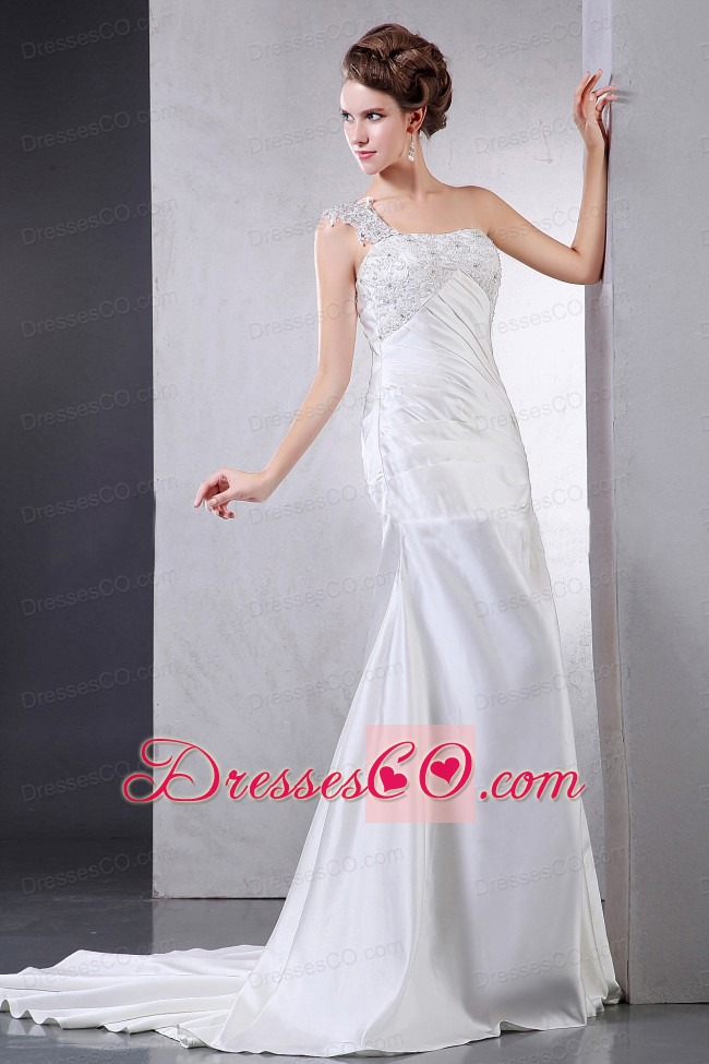 Wedding Dress With Appliques One Shoulder Court Train For Custom Made